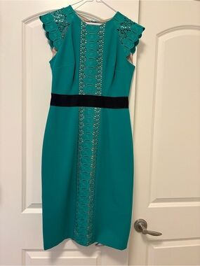 Teal Lace-Panel Sheath Dress with Black Waistband